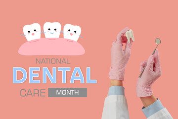 Female doctor's hands with dental mirror and tooth model on pink background