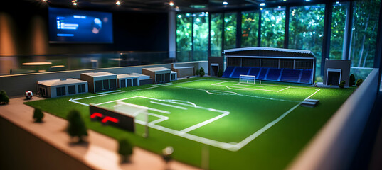 Obraz premium A miniature football pitch with a training facility, locker rooms, and audience stands, displayed in a corporate meeting room.