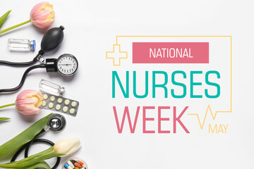 Tonometer with stethoscope, pills, ampules and tulip flowers for International Nurses Day on white background