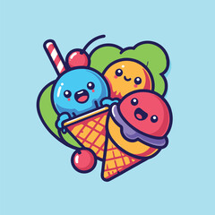 Adorable Ice Cream Trio Illustration – Colorful Treats for Summer Delight