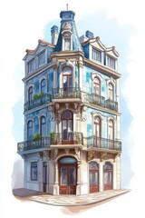 Grand Portuguese azulejo building with ornate balconies displayed against a soft pastel backdrop