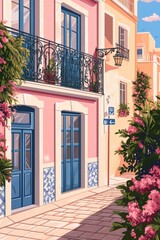 Grand Portuguese azulejo tiled building with ornate balconies in a pastel setting