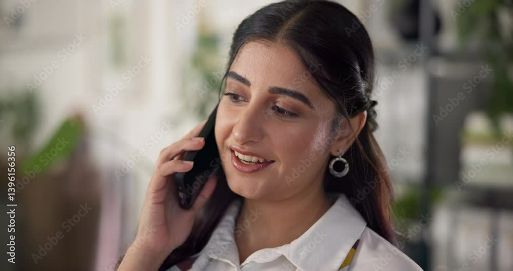Aufkleber Woman, phone call and negotiation in office with discussion for project management at web design company. Person, smartphone and smile with thinking, review and planning feedback at creative agency