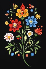 Polish folk art wycinanki papercut design featuring vibrant floral motifs on a black background