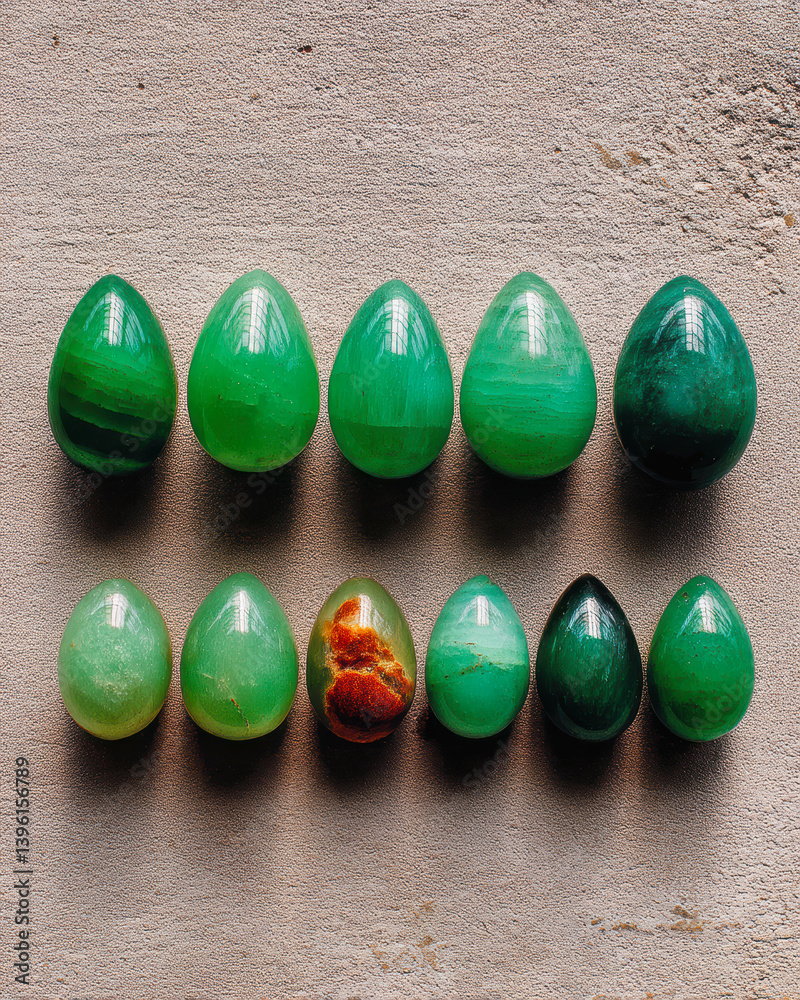 Poster arrangement of unique jade pieces displayed on textured surface for artistic inspiration