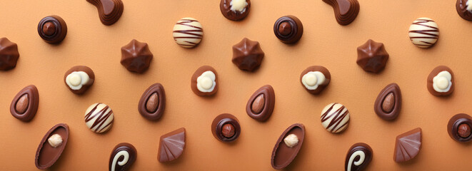 Tasty chocolate candies on color background