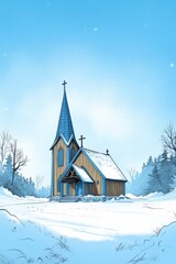 Scandinavian wooden church in winter with icy background and space for text