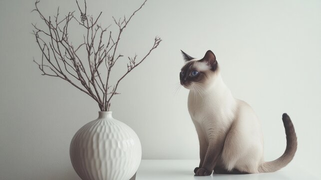 Elegant Siamese cat sits near vase, minimalist interior, calm scene, pet product ad