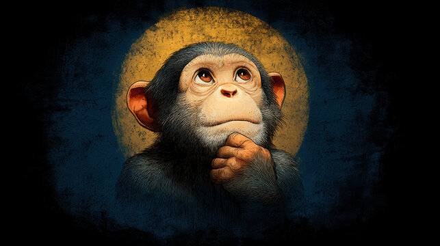 Illustration of a monkey with a pensive expression, hand propped under chin, fur in subtle orange and grey hues