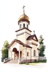 Elegant wooden church with onion domes and intricate carvings nestled in a serene landscape