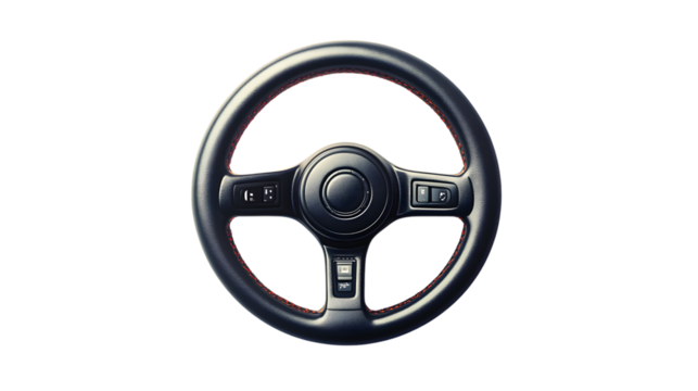 Modern Car Steering Wheel with Red Stitching and Control Buttons