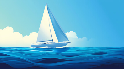 Naklejka premium A pristine sailboat gently cruising across deep blue ocean waters. Wandering Brine. Illustration