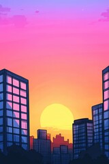 Sleek skyscrapers silhouette against vibrant sunset backdrop in modern city skyline