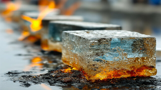 Melting glass blocks transform into glowing sculptures under bright flames