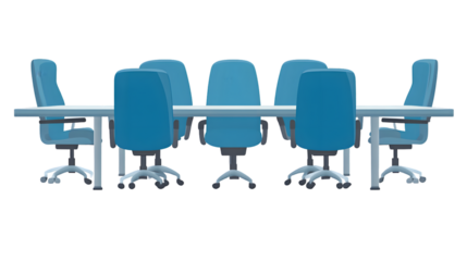 Modern Office Meeting Setup with Blue Chairs and Long Table for Professional Discussions