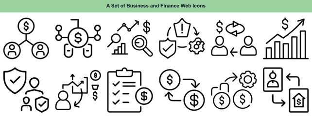 Clean and modern  vector set of business and finance web icons. Includes symbols for banking, investment, budgeting, analytics, and digital payments. Perfect for websites, apps, dashboards