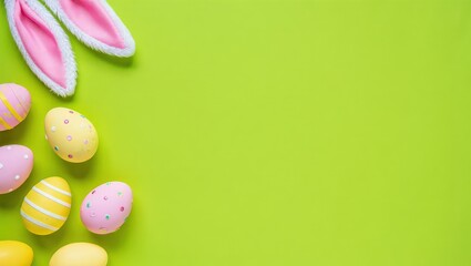 Decorative vertical Easter eggs with various patterns and bunny ears arranged on vibrant green background