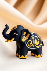 Ornate Indian elephant figurine with gold accents and intricate patterns on a soft textile backdrop