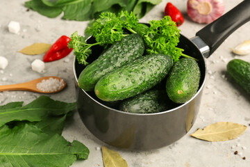 Saucepan with fresh cucumbers for preservation on grunge background