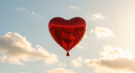 Fototapeta premium Red heart-shaped balloon floating against a bright sky 