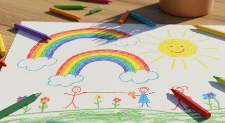 Children’s drawing of rainbows and flowers in bright colors  