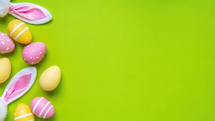 Decorative vertical Easter eggs with various patterns and bunny ears arranged on vibrant green background