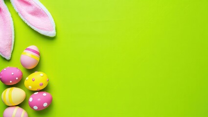 Decorative vertical Easter eggs with various patterns and bunny ears arranged on vibrant green background