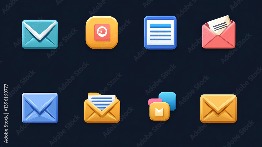 Poster email icons set vector illustration communication message mail envelope inbox send receive correspon