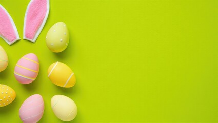 Decorative vertical Easter eggs with various patterns and bunny ears arranged on vibrant green background