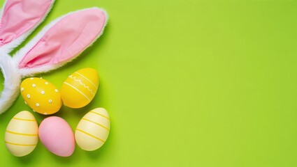 Decorative vertical Easter eggs with various patterns and bunny ears arranged on vibrant green background