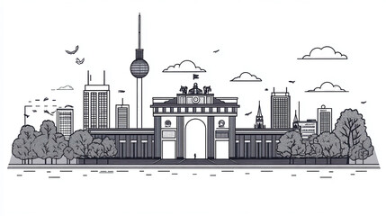 Berlin skyline vector illustration brandenburg gate and tv tower travel landmark germany cityscape design