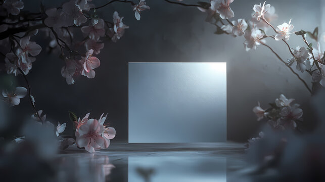 Blank mockup template of an invitation card resting on an invisible surface, surrounded by phantom flowers glowing faintly. Phantom Inscriptions. Illustration