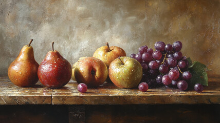Artistic still life of organic apples, pears, and grapes on a rustic wooden table, with dewdrops glistening to enhance their natural freshness. 