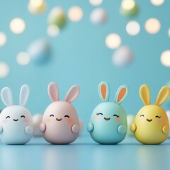 Three colorful plastic Easter bunnies arranged neatly in a row for festive decoration.
