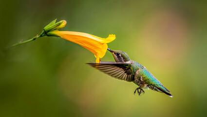 A peaceful dawn scene where a small hummingbird sips nectar from a flower, kissed by the soft sunshine of early morning.
