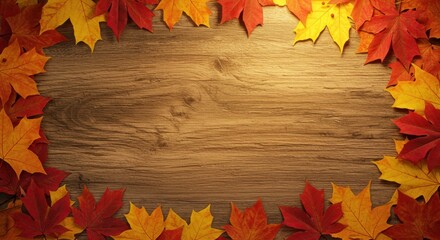 Obraz premium Autumn Leaves Framing Wooden Background for Seasonal Decor 