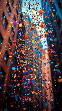 Vibrant colorful confetti explodes between tall city buildings creating a celebratory and joyful atmosphere perfect for festive backgrounds or celebratory designs.
