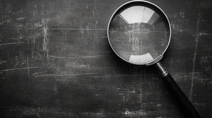 Magnifying glass on dark background for search analysis investigation and research concept and close up view tool