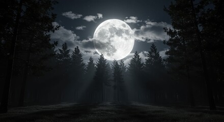 Fototapeta premium Moonlit forest with full moon illuminating the night sky 