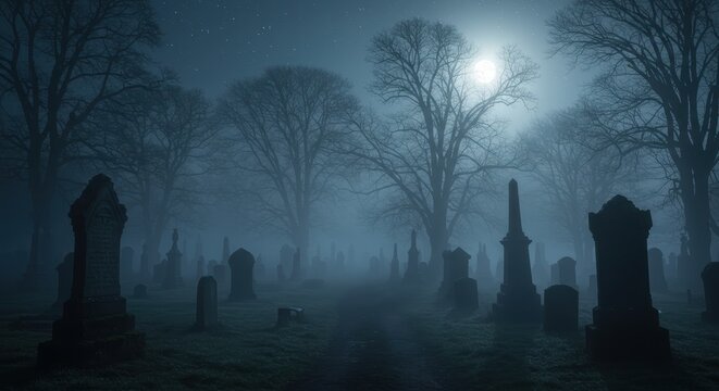 Mysterious graveyard at night with fog and moonlight  