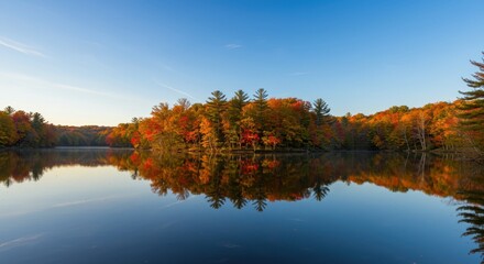 Autumn landscape reflecting on a calm lake under a clear sky  