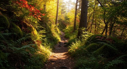 Obraz premium Serene forest path illuminated by golden sunlight 