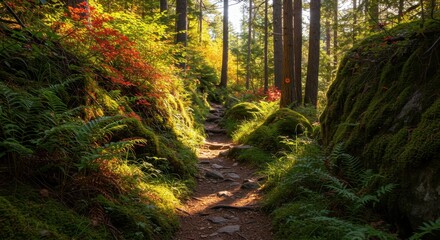 Obraz premium Serene forest path illuminated by autumn sunlight 