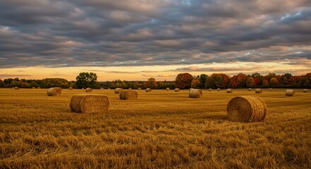 Fototapeta premium Hay bales scattered in a golden field at sunset 