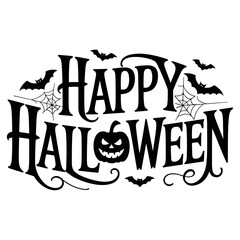 Happy halloween vector lettering, handwritten calligraphy, with spooky spider, web and spooky bats for greeting cards, posters, banners, flyers and invitations, happy halloween text, white background
