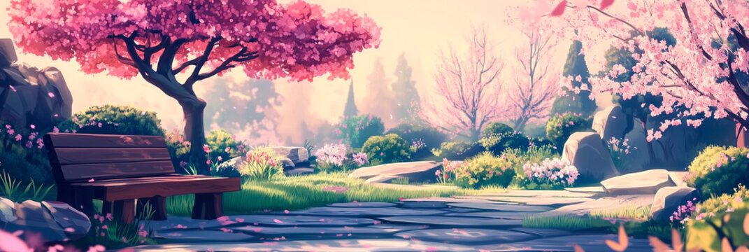 Anime-style template Zen garden blooming sakura, wooden bench, soft light, Peaceful banner poster invitation website header web cover illustration, Japanese, eastern background. Generative Ai content