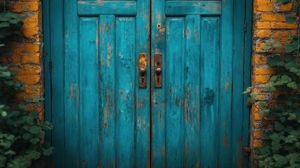 Aged teal wooden double doors, weathered and worn, flanked by brick and ivy