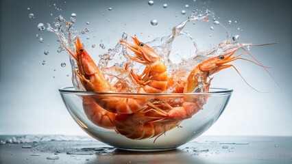 Minimalist Cooked Shrimp Splashing into Glass Bowl - Fresh Seafood Food Photography