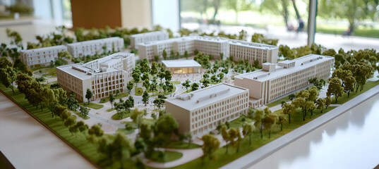 Obraz premium A scale model of a sprawling university campus with dormitories and lecture halls, positioned in a well-lit office.