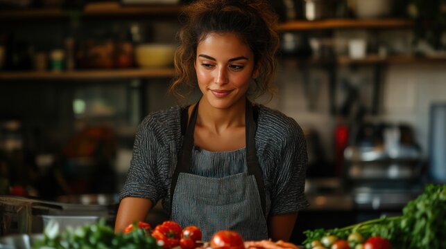 A woman in an apron preparing fresh vegetables in a cozy kitchen setting